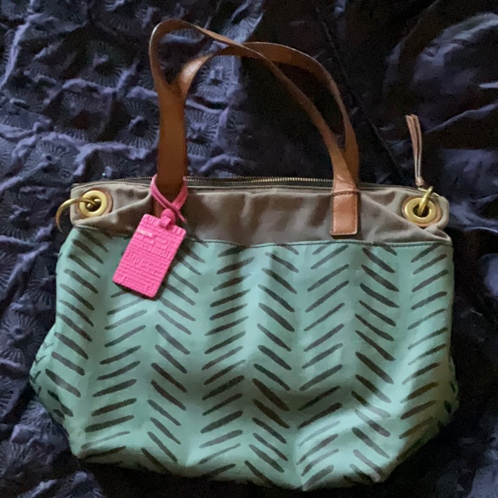 Fossil Teal Herringbone Stripe Tote/Shoulder Bag